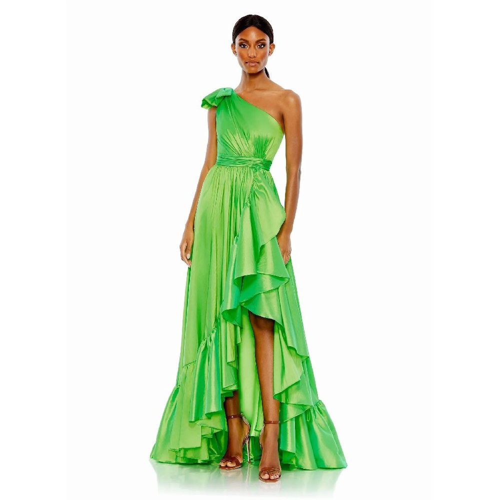 Mac Duggal Bow One Shoulder Ruffle Asymmetrical Hem Gown in Spring Green Size 4